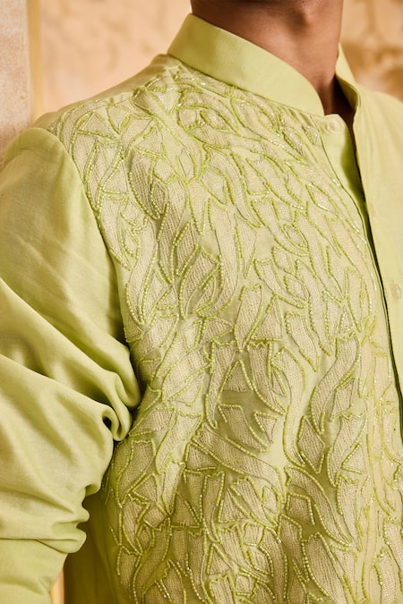 Shop Histori Green Chanderi, Cotton Beads, Cut Work Leaf Applique Kurta Set Online at Aza Fashions Shop_Histori_Green Chanderi, Cotton Beads, Cut Work Leaf Applique Kurta Set _Online_at_Aza_Fashions