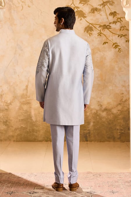 Histori_Blue Chanderi, Cotton Cut Work, Applique, Beads Bloom Embellished Kurta Set _Online_at_Aza_Fashions