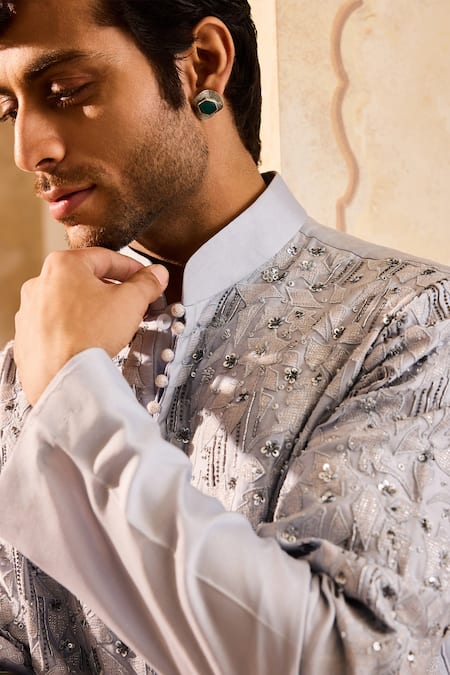 Buy_Histori_Blue Chanderi, Cotton Cut Work, Applique, Beads Bloom Embellished Kurta Set _Online_at_Aza_Fashions