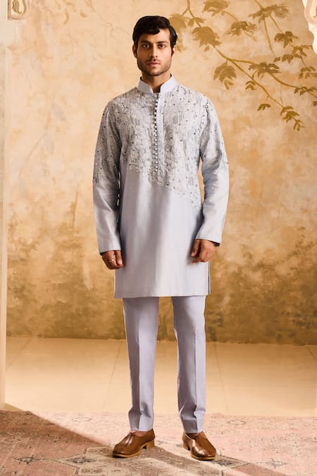 Shop_Histori_Blue Chanderi, Cotton Cut Work, Applique, Beads Bloom Embellished Kurta Set _Online_at_Aza_Fashions