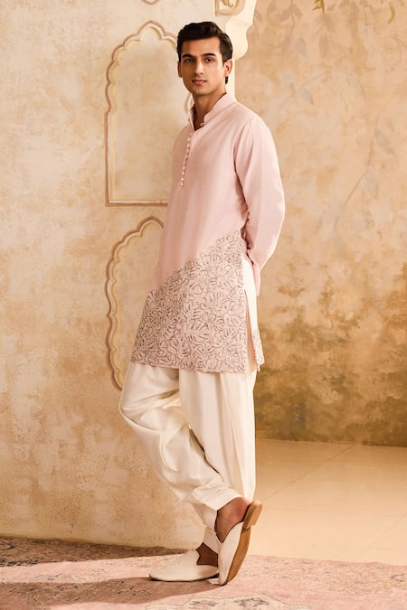 Histori_Pink Chanderi, Cotton Cut Work, Beads, Applique Petal Kurta Set _Online_at_Aza_Fashions