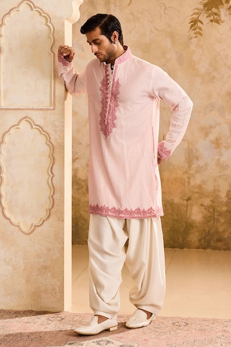 Histori_Pink Cotton, Silk Cut Work Pintucked Kurta Set With Dori Bloom Applique _Online_at_Aza_Fashions