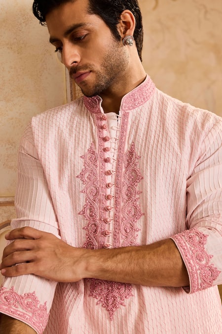 Buy_Histori_Pink Cotton, Silk Cut Work Pintucked Kurta Set With Dori Bloom Applique _Online_at_Aza_Fashions