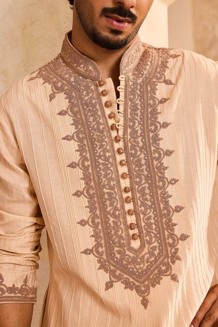 Histori_Beige Cotton, Silk Cut Work, Embroidery, Beads Pintucked Kurta Set _Online_at_Aza_Fashions