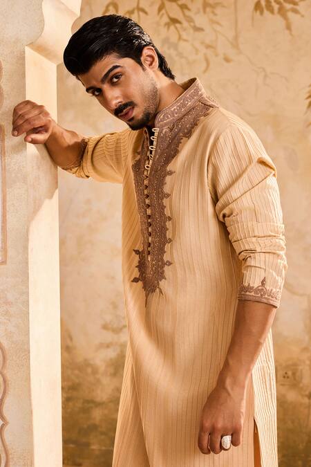 Buy_Histori_Beige Cotton, Silk Cut Work, Embroidery, Beads Pintucked Kurta Set _Online_at_Aza_Fashions