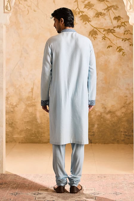 Histori_Blue Cotton, Silk Embroidery, Beads Floral Dori Applique Pintucked Kurta Set _Online_at_Aza_Fashions