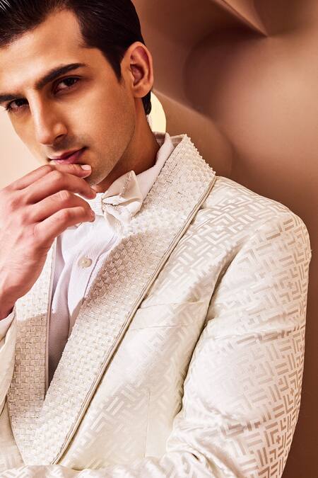 Shop_Histori_Ivory Polyester, Jacquard Maze Pattern Tuxedo Jacket And Trouser Set _Online_at_Aza_Fashions