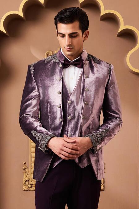 Buy_Histori_Purple Velvet, Suede Zardozi Embroidered Suit Set _Online_at_Aza_Fashions