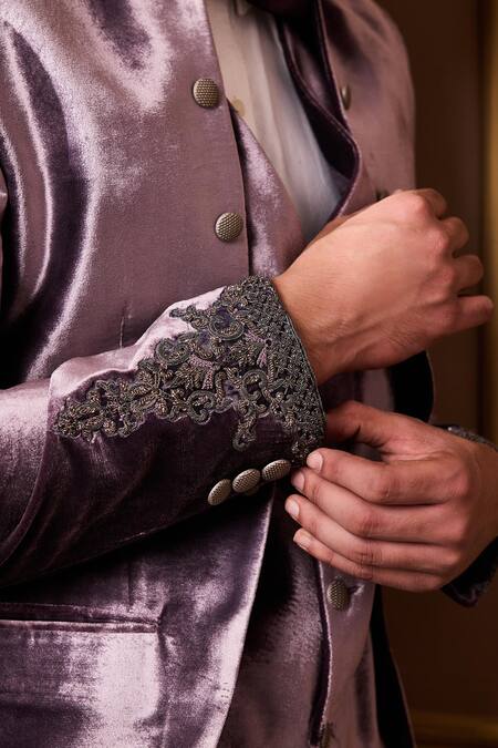 Histori_Purple Velvet, Suede Zardozi Embroidered Suit Set _at_Aza_Fashions