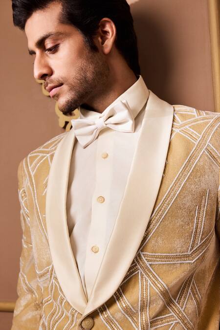 Histori_White Suede, Velvet Beads Gold Embroidered Tuxedo Jacket And Pant _Online_at_Aza_Fashions