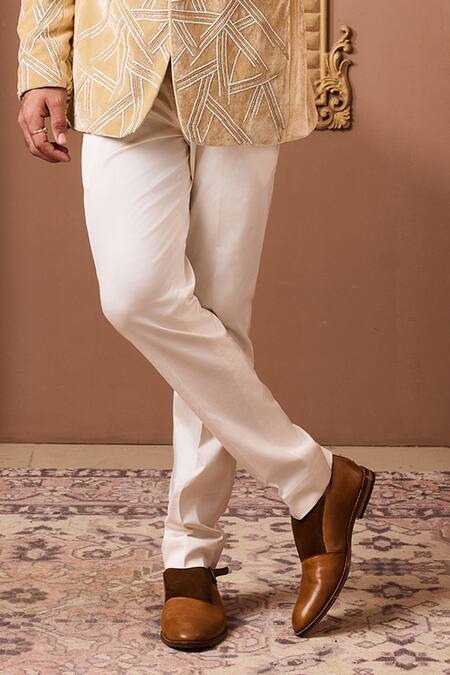 Buy_Histori_White Suede, Velvet Beads Gold Embroidered Tuxedo Jacket And Pant _Online_at_Aza_Fashions