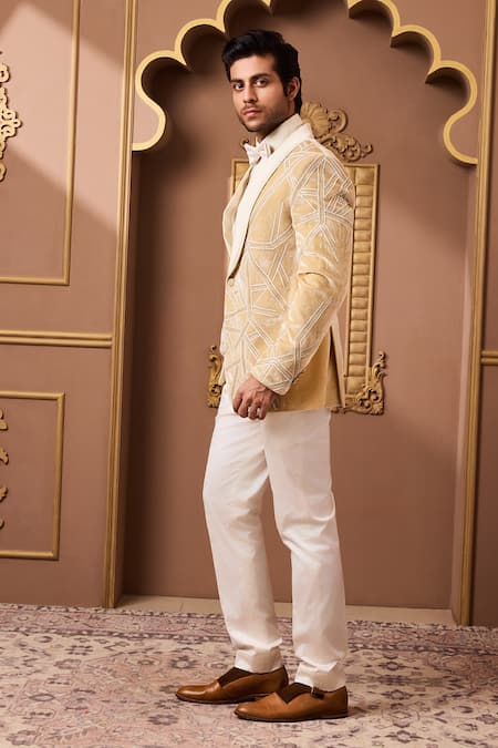 Shop_Histori_White Suede, Velvet Beads Gold Embroidered Tuxedo Jacket And Pant _Online_at_Aza_Fashions
