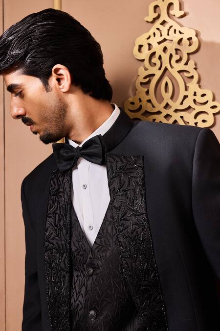 Histori Black Suede, Jacquard Cut Work, Embroidery Cutdana Tuxedo Jacket Set Online at Aza Fashions Histori_Black Suede, Jacquard Cut Work, Embroidery Cutdana Tuxedo Jacket Set _Online_at_Aza_Fashions