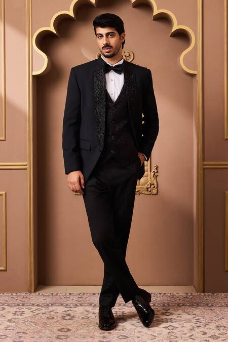 Shop Histori Black Suede, Jacquard Cut Work, Embroidery Cutdana Tuxedo Jacket Set Online at Aza Fashions Shop_Histori_Black Suede, Jacquard Cut Work, Embroidery Cutdana Tuxedo Jacket Set _Online_at_Aza_Fashions