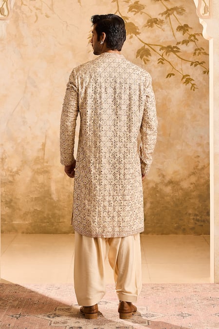 Histori_Beige Cotton, Silk Mirrors, Embroidery And Resham Jaal Kurta Set _Online_at_Aza_Fashions