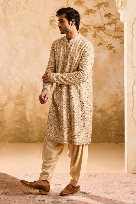 Buy_Histori_Beige Cotton, Silk Mirrors, Embroidery And Resham Jaal Kurta Set _Online_at_Aza_Fashions