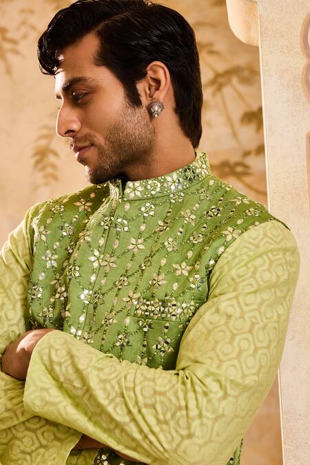 Buy Histori Green Chanderi, , Silk, Satin Mirrors, And Resham Bloom Bundi Set Online at Aza Fashions Buy_Histori_Green Chanderi, , Silk, Satin Mirrors, And Resham Bloom Bundi Set _Online_at_Aza_Fashions