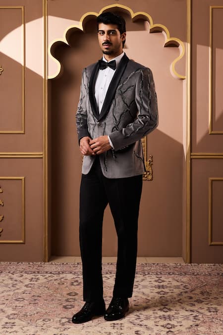 Histori Beaded Wave Embroidered Velvet Tuxedo Jacket With Pant 