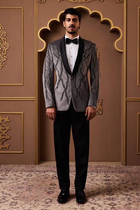 Histori_Black Suede, Velvet Beads Wave Embroidered Tuxedo Set _Online_at_Aza_Fashions
