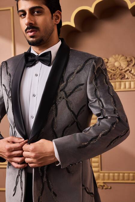 Buy_Histori_Black Suede, Velvet Beads Wave Embroidered Tuxedo Set _Online_at_Aza_Fashions