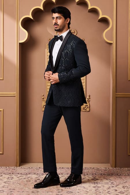 Histori_Blue Suede Beads Geometric Tuxedo Jacket And Pant Set _Online_at_Aza_Fashions