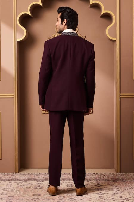 Histori Burgundy Embroidered Tuxedo Pant Set 