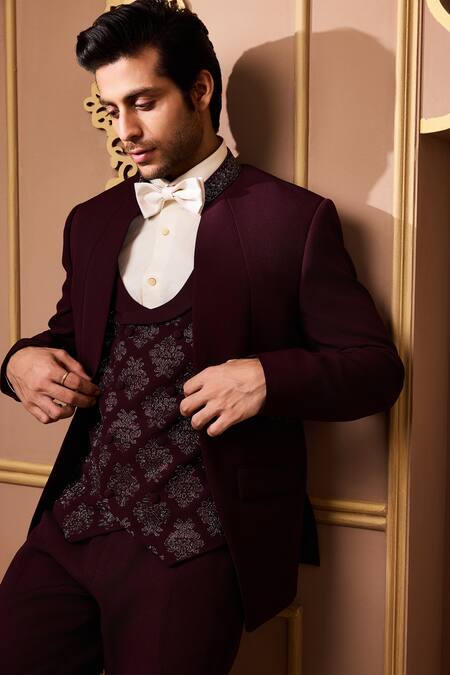 Histori_Burgundy Suede Beads Embroidered Tuxedo Pant Set _Online_at_Aza_Fashions