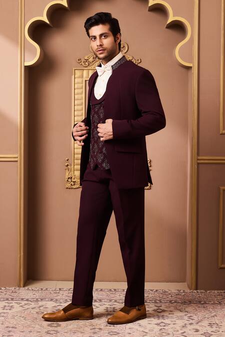 Buy_Histori_Burgundy Suede Beads Embroidered Tuxedo Pant Set _Online_at_Aza_Fashions