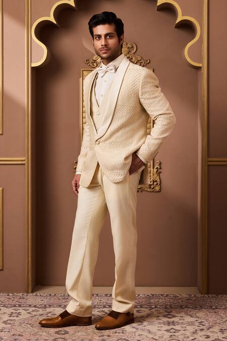 Buy_Histori_Beige Silk, Cotton Embroidery, Beads Tonal Resham Tuxedo Set _Online_at_Aza_Fashions