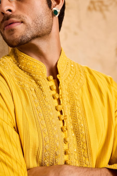 Buy_Histori_Yellow Cotton, Silk Cut Work, Beads, Diamonds, Mustard Tonal Kurta And Salwar Set _Online_at_Aza_Fashions
