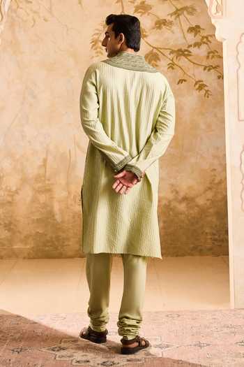 Nitika Gujral_Green Cotton, Silk Beads Sage Embroidered Kurta Set _Online_at_Aza_Fashions