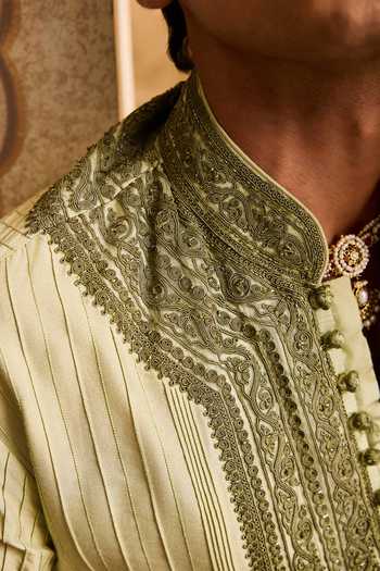 Buy_Nitika Gujral_Green Cotton, Silk Beads Sage Embroidered Kurta Set _Online_at_Aza_Fashions
