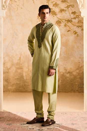 Shop_Nitika Gujral_Green Cotton, Silk Beads Sage Embroidered Kurta Set _Online_at_Aza_Fashions