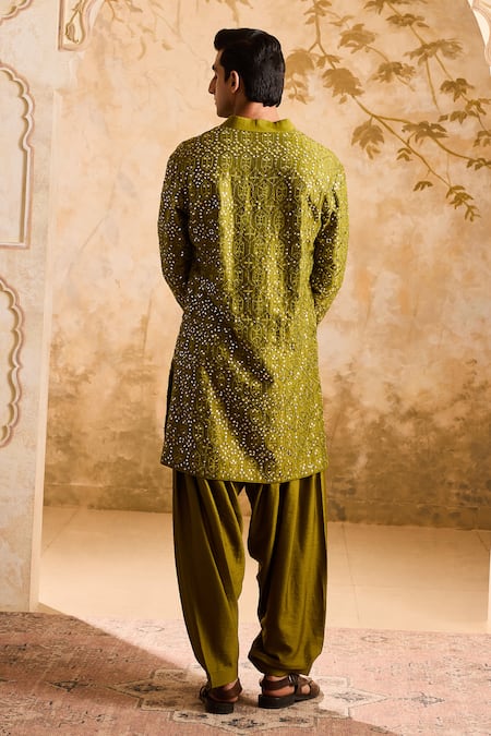 Histori_Green Chanderi, Cotton Mirrors, Embroidery Kurta Set _Online_at_Aza_Fashions