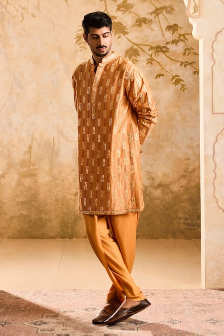 Buy_Histori_Orange Chanderi, Modal Mirrors, Embroidery Kurta Set With Salwar _Online_at_Aza_Fashions