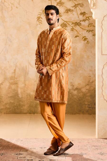 Shop_Histori_Orange Chanderi, Modal Mirrors, Embroidery Kurta Set With Salwar _Online_at_Aza_Fashions