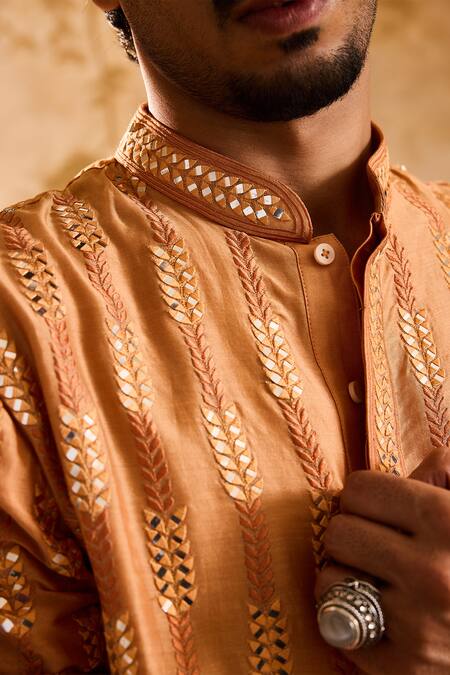Histori_Orange Chanderi, Modal Mirrors, Embroidery Kurta Set With Salwar _at_Aza_Fashions