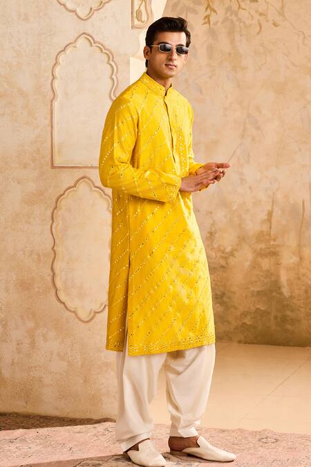 Histori_Yellow Chanderi, Cotton Mirrors, Embroidery Kurta And Patiyala Salwar _Online_at_Aza_Fashions
