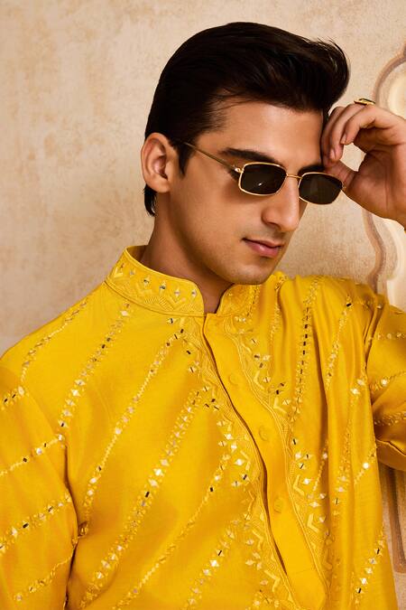 Buy_Histori_Yellow Chanderi, Cotton Mirrors, Embroidery Kurta And Patiyala Salwar _Online_at_Aza_Fashions
