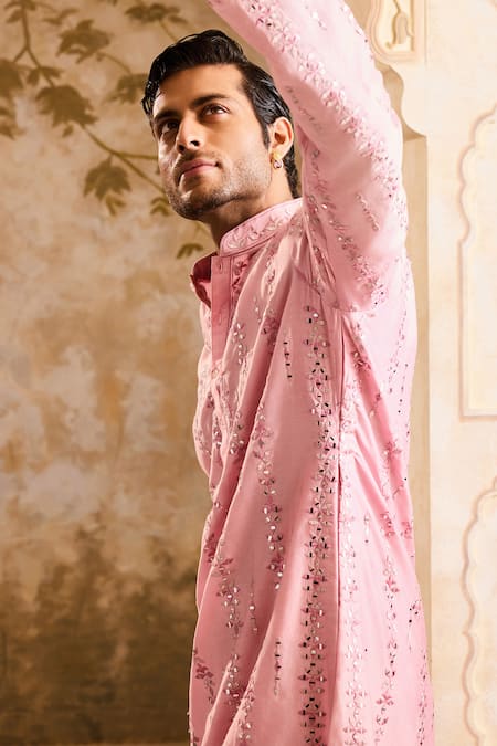 Shop Histori Pink Chanderi, Satin, Mirrors, Embroidery Tonal Resham Kurta Set Online at Aza Fashions Shop_Histori_Pink Chanderi, Satin, Mirrors, Embroidery Tonal Resham Kurta Set _Online_at_Aza_Fashions