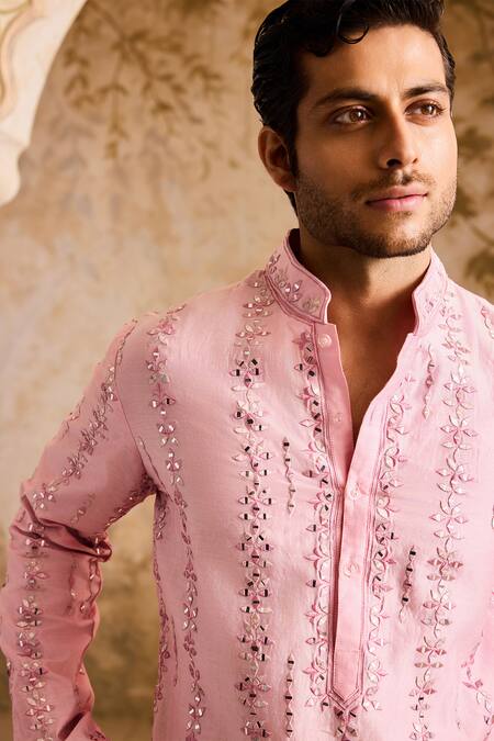 Histori Pink Chanderi, Satin, Mirrors, Embroidery Tonal Resham Kurta Set at Aza Fashions Histori_Pink Chanderi, Satin, Mirrors, Embroidery Tonal Resham Kurta Set _at_Aza_Fashions