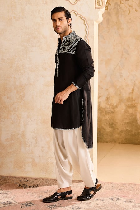 Histori_Black Chanderi, Cotton Mirrors, Embroidery Asymmetric Kurta Set _Online_at_Aza_Fashions