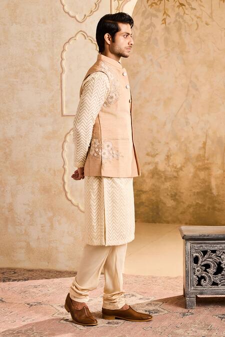 Buy_Histori_Beige Chanderi, Linen, Cotton, Silk Embroidery, Cut 3d Floral Bundi And Kurta Set _Online_at_Aza_Fashions