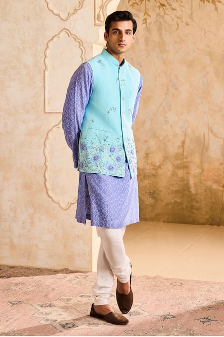 Histori_Turquoise Chanderi, Cotton Cut Work, Embroidery Floral Bundi And Kurta Set _Online_at_Aza_Fashions