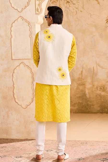 Shop Histori Ivory Chanderi, Cotton, Linen, Lycra Cut Work, 3d Floral Bundi Kurta Set at Aza Fashions Shop_Histori_Ivory Chanderi, Cotton, Linen, Lycra Cut Work, 3d Floral Bundi Kurta Set _at_Aza_Fashions