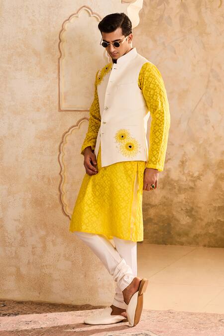 Histori Ivory Chanderi, Cotton, Linen, Lycra Cut Work, 3d Floral Bundi Kurta Set Online at Aza Fashions Histori_Ivory Chanderi, Cotton, Linen, Lycra Cut Work, 3d Floral Bundi Kurta Set _Online_at_Aza_Fashions