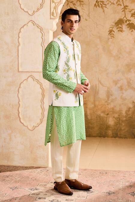 Histori_Ivory Chanderi, Cotton, Linen Embroidery, Cut Work 3d Floral Bundi Kurta Set _Online_at_Aza_Fashions