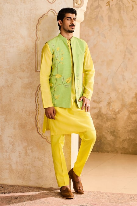 Histori_Green Chanderi, Cotton Cut Work Floral Embroidered Bundi And Kurta Set _Online_at_Aza_Fashions