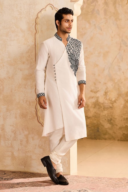 Histori White Chanderi, Cotton, Silk Embroidery, Beads Resham Angrakha Kurta Set Online at Aza Fashions Histori_White Chanderi, Cotton, Silk Embroidery, Beads Resham Angrakha Kurta Set _Online_at_Aza_Fashions