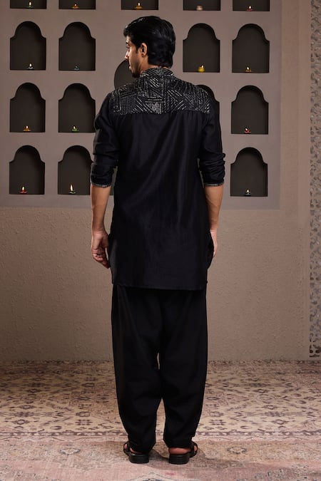 Shop_Histori_Black Chanderi, Cotton Beads, Sequins Embroidered Kurta Set _at_Aza_Fashions